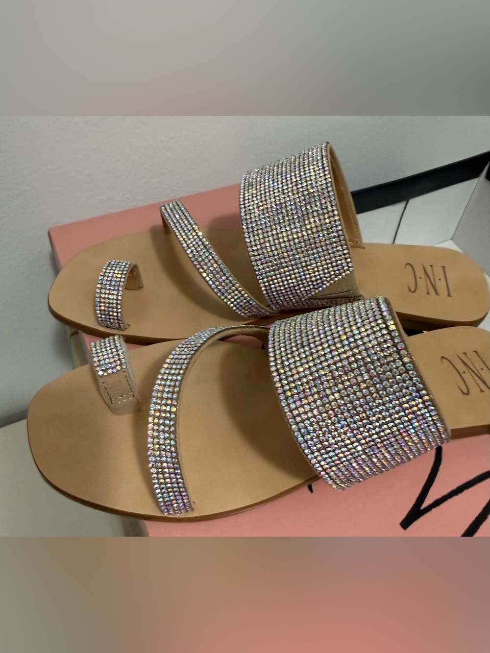 INC Crystal Embellished Tan Slide Sandals